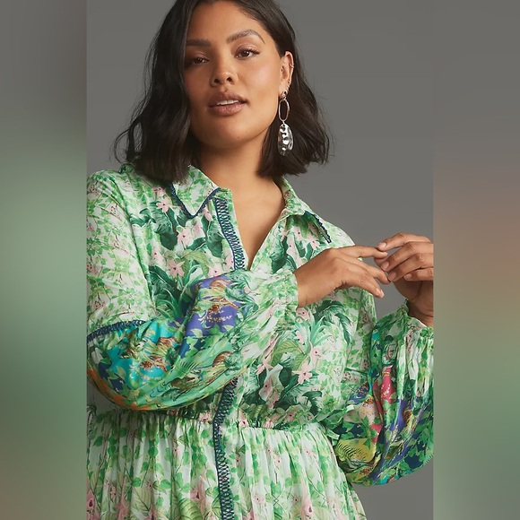 Anthropologie Eleanora Long Sleeve Maxi Shirt Dress Green Tropical Print XL NWT - Picture 2 of 4